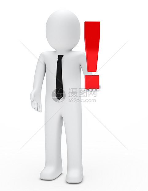 男人持有感叹标记帮助标点沉思领带红色黑色警告解决方案注意力插图图片
