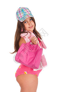 穿泳衣的女孩准备去海滩假期女性黑发孩子微笑快乐帽子喜悦闲暇青少年图片