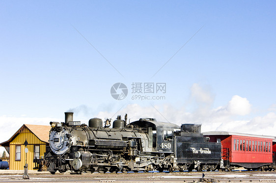 Cumbres和铁路 Antonito 美国科罗拉多旅客旅行外观窄轨运输蒸汽列车机车火车位置图片