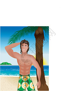海滩景区居伊倾斜拉丁男性日落肌肉姿势运动员树干插图太阳镜背景图片
