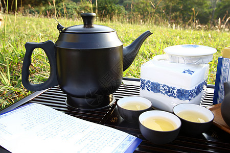 亚洲在草地上泡茶服务仪式草本植物生活竹子制品叶子茶壶异国情调图片