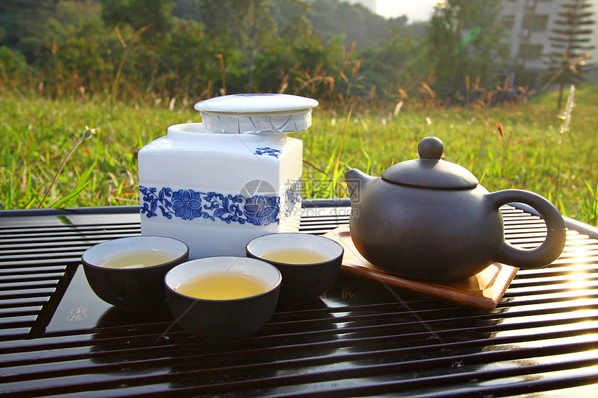 阳光下的中国茶叶叶子仪式生活异国茶壶陶器文化陶瓷饮料草本植物图片