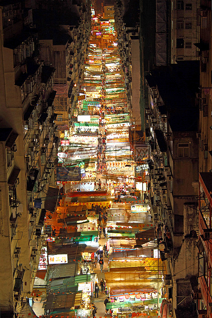 晚上在香港的庙街建筑人群建筑学季节场景插图城市店铺假期旅游图片