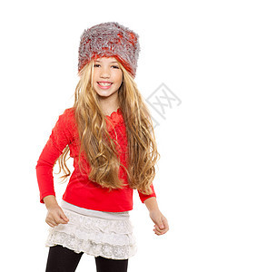 带着红衬衫和毛帽的冬舞毛皮女性金发童年孩子衣服孩子们季节女儿帽子图片