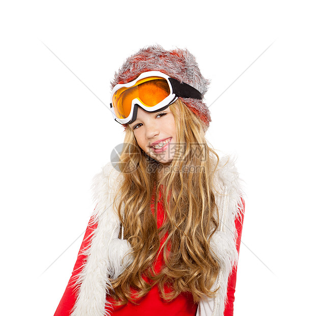 带雪冬眼镜和白皮的女童衣服孩子们金发女孩女儿毛皮女性手势幸福微笑图片
