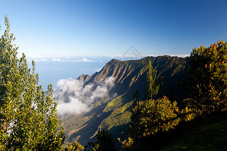 Kalalau山谷Kauai的雾表海岸线蓝色岩石山脉远景山峰悬崖远足公园美丽图片