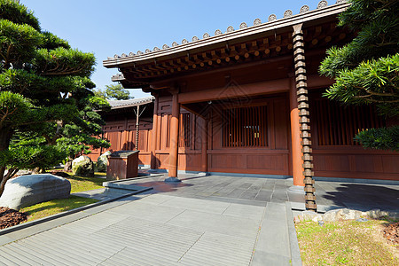 中国花园花朵竹子池塘小路松树树叶环境树木天空公园图片