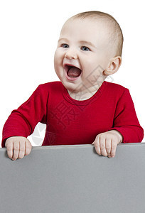 幼儿持有标志牌空白展示白色单身陈列柜微笑婴儿儿童人士红色图片