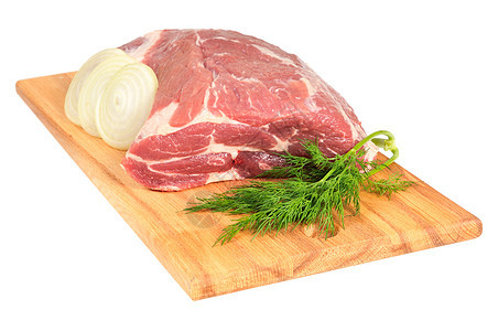 烤肉的猪肉片食物粉色猪肉鱼片木板牛扒绿色红色木头水平图片
