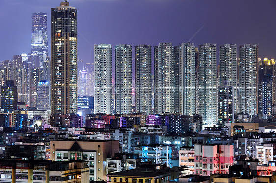 香港夜间拥挤的建筑设施住宅多层住房窗帘窗户摩天大楼高楼房子地板天空图片