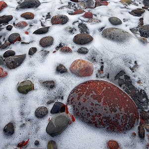 滚石海洋风景圆形峡湾石头池塘蓝色红色波浪岩石图片