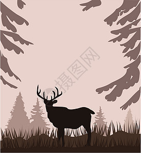 森林中的鹿卡通片黑色叶子墙纸森林荒野植物艺术艺术品绘画图片