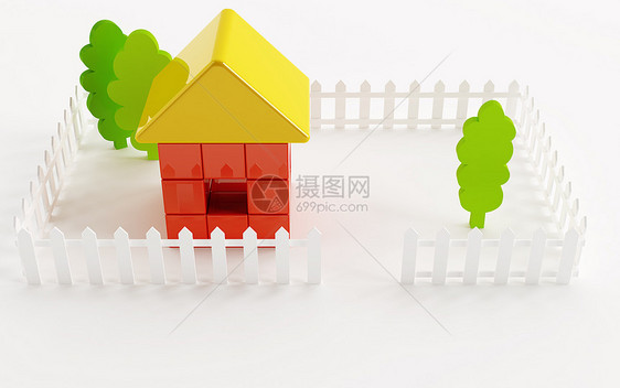 明亮的玩具小房子和树木以及周围的围栏图片