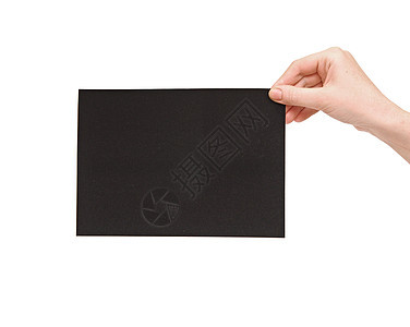 白背景上孤立的手和黑纸软垫黑色广告牌纸板空白问候语营销商业边界笔记图片