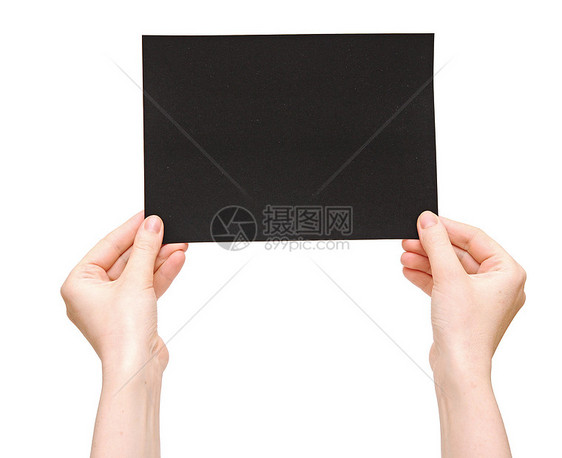 白背景上孤立的手和黑纸框架商业广告牌推介会笔记空白边界办公室横幅海报图片