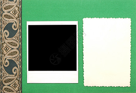 绿纸上印有古董丝带的旧照片废料剪贴簿墙纸破烂床单边界羊皮纸笔记纺织品海报图片