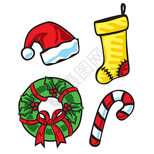 圣诞节物品展示丝带礼物条款树叶短袜夹子糖果卡通片漫画图片