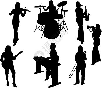 女音乐女孩的轮廓组青少年男人低音阴影歌手展示插图舞蹈乐器派对图片