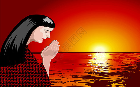 女人在日落时祷告图片
