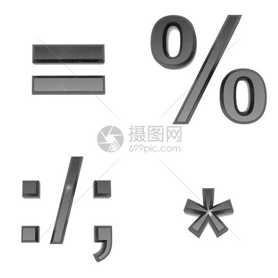 3d符号分号 周期 逗号 在白色孤立背景的金属中的百分比图片