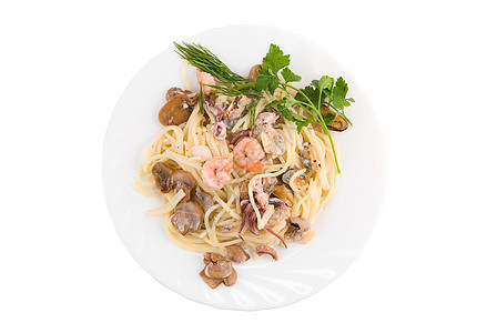 蘑菇虾面海食面a贝类香菜菜肴食物乌贼餐厅对虾面条午餐油炸背景