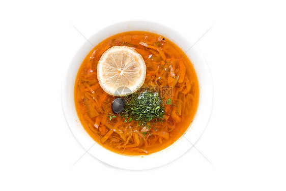 索扬卡汤午餐液体烹饪厨房盘子蔬菜胡椒树叶勺子香菜图片