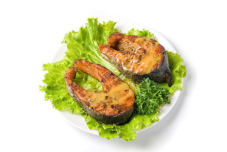 美味的鲑鱼橙子油炸鱼片烹饪市场盘子海鲜胡椒蔬菜餐厅图片