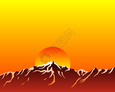 有太阳的山棕色橙子红色日出高山首脑日落插图黄色背景图片