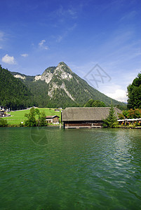 德国湖湖反射码头房子远足悬崖房屋国王高山丘陵森林图片