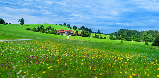 阿尔卑斯山丘平静的夏季风景岩石天空草地山脉房子牧场绿色蓝色村庄场地图片