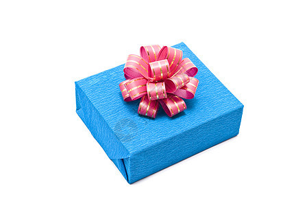 带红弓的蓝色礼品盒念日盒子惊喜红色礼物生日丝带展示背景图片