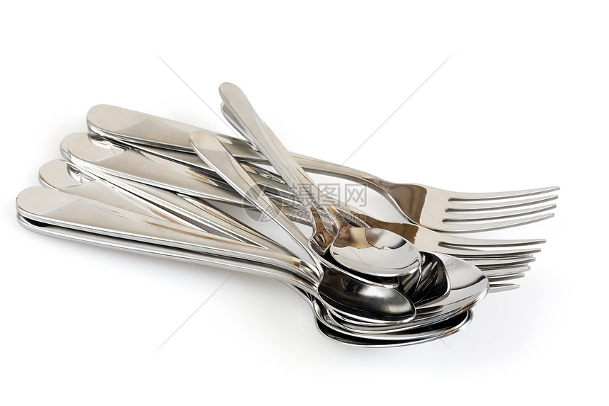 白色背景上的表格软件剪裁金属食物团体勺子时间服务茶匙午餐插头图片