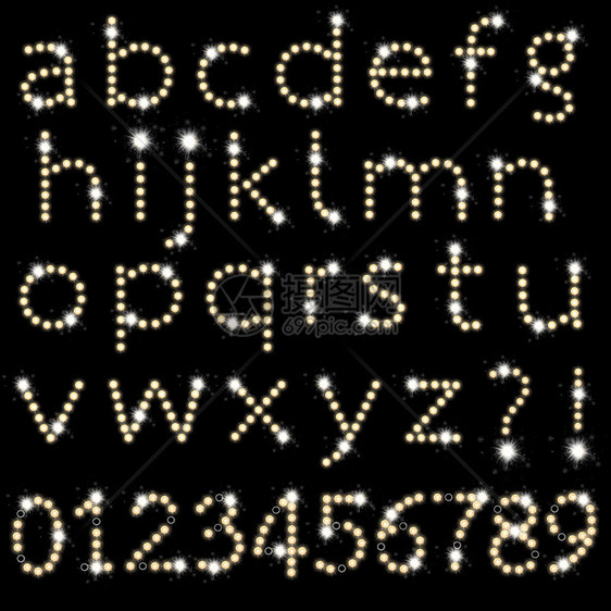 黑色背景上孤立的一套灯泡信字母集图形插图教化标识玻璃活力黄色公司创造力艺术品图片
