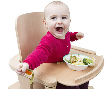 以高椅子吃饭的幼儿木头健康饮食辅食营养品高脚椅食物木材面条红色儿童图片