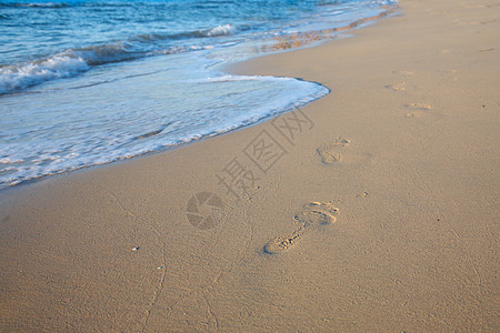 沙中脚印自由海滩场景跑步海浪脚步海洋边缘寂寞热带图片