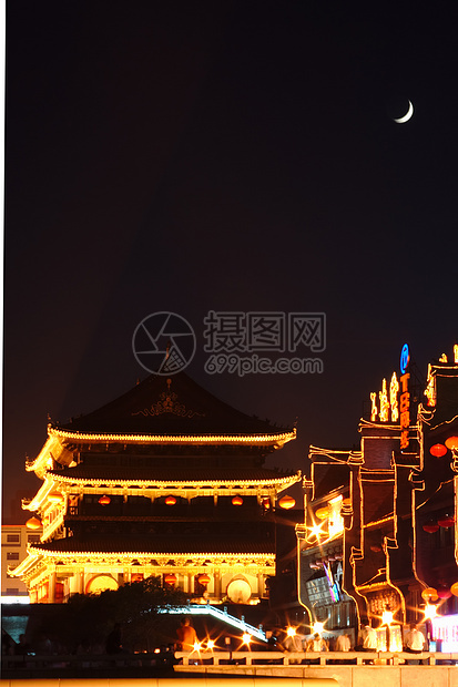 夜里鼓塔 中国习安帝国文化历史纪念碑建筑宝塔月亮月光旅行寺庙图片