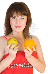 手上拿着橙子和苹果的女孩图片