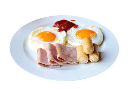 早餐育肥炙烤美食油炸食物蛋黄白色英语香肠火腿图片