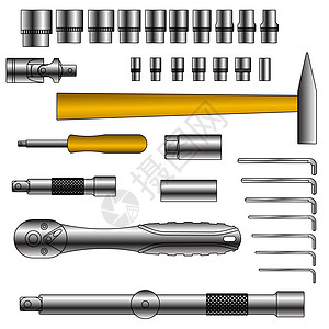 不同工具的矢量组盒子技术合金扳手刀刃力量锤子螺丝刀乐器插图图片