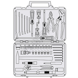 框中不同工具的矢量组维修螺丝刀盒子力量插图滚筒刀刃艺术工作构造图片