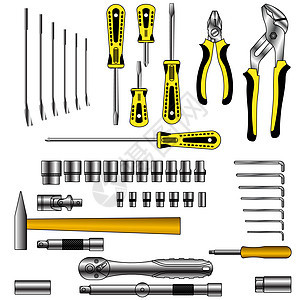 不同工具的矢量组插图钻头力量刀刃工作盒子硬件螺丝刀乐器建筑图片