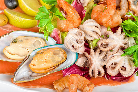 海食沙拉树叶章鱼乌贼贝类胡椒午餐盘子海鲜蔬菜青菜图片