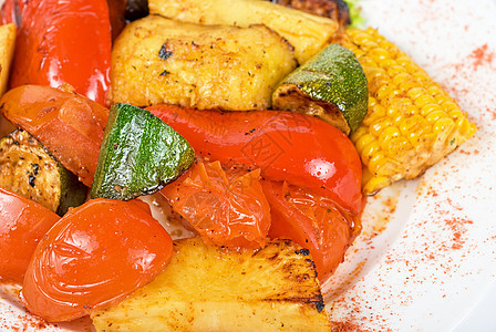 烧烤蔬菜茄子胡椒橙子洋葱玉米沙拉炙烤香菜叶子壁球图片