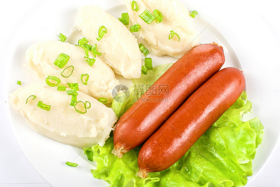 土豆和香肠的切片烹饪早餐美食热狗午餐食品牛肉熏制野餐食物图片