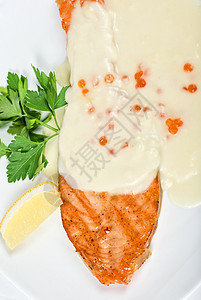灰鲑鱼牛排润滑脂鱼子餐厅食物鳟鱼油炸草本植物美食午餐营养图片