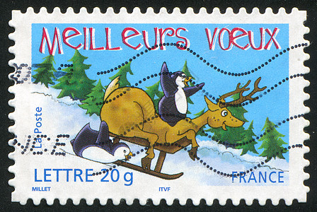 两只企鹅驯鹿动物邮件爬坡邮资口号明信片天空集邮古董图片