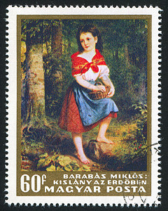 森林中的女童艺术艺术家木头集邮古董文化绘画海豹邮票明信片图片