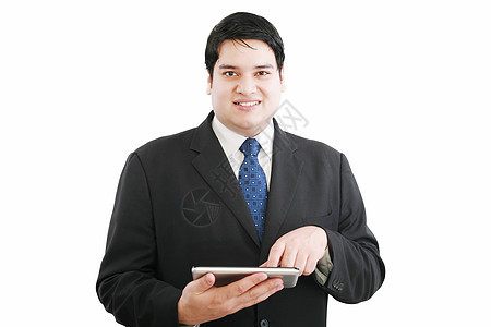 拥有现代平板电脑 触摸垫 智能电话的商务人士图片