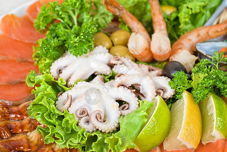 整套海食食品胡椒小吃盘子树叶贝类蔬菜乌贼螃蟹章鱼食物图片