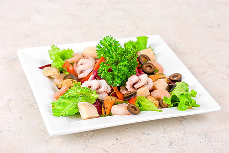 海食沙拉对虾小吃乌贼青菜树叶蔬菜牡蛎螃蟹营养午餐图片